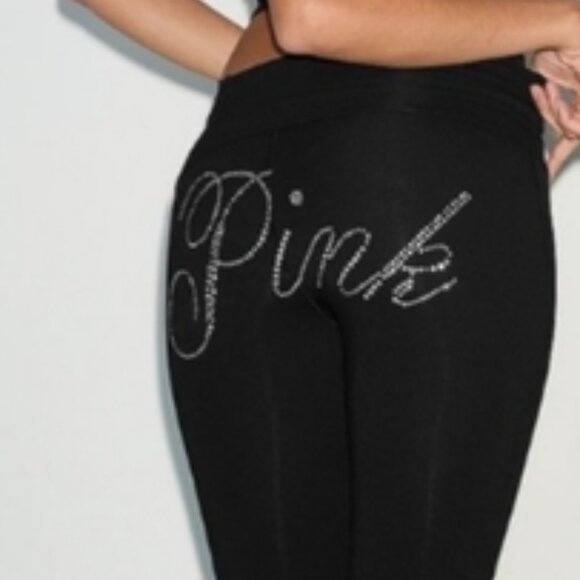 Victoria's Secret Pink M L - Yoga Pants Rhinestone Bling Foldable Waist Flare - Picture 6 of 6